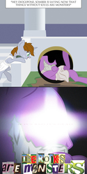 Size: 2400x4800 | Tagged: safe, artist:aaronmk, oc, oc:littlepip, pony, unicorn, fallout equestria, fallout equestria: project horizons, caption, clothes, diogenes, essay in description, expand dong, exploitable meme, fanfic, fanfic art, female, glowing eyes, glowing eyes meme, hooves, horn, image macro, mare, meme, review in the description, text, toga