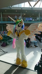 Size: 900x1600 | Tagged: safe, artist:atalonthedeer, princess celestia, pony, uk ponycon, uk ponycon 2018, g4, fursuit, irl, photo, united kingdom