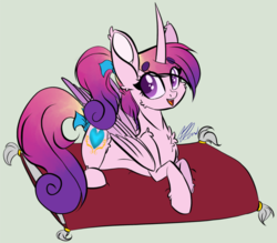 Size: 1539x1350 | Tagged: safe, artist:donnie-moon, princess cadance, alicorn, pony, g4, curved horn, female, horn, looking at you, mare, pillow, solo