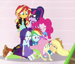 Size: 438x371 | Tagged: safe, screencap, applejack, fluttershy, pinkie pie, rainbow dash, rarity, sci-twi, sunset shimmer, twilight sparkle, equestria girls, equestria girls specials, g4, my little pony equestria girls: mirror magic, cropped, female, geode of empathy, geode of fauna, geode of shielding, geode of sugar bombs, geode of super speed, geode of telekinesis, humane five, humane seven, humane six, magical geodes, out of context