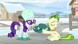 Size: 1280x720 | Tagged: safe, screencap, pistachio, rarity, earth pony, pony, unicorn, g4, my little pony best gift ever, duo, female, hat, male, mare, stallion