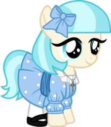 Size: 1053x1200 | Tagged: safe, artist:cloudy glow, coco pommel, earth pony, pony, g4, american girls, clothes, cocobetes, cute, dress, female, filly, nellie o'malley, simple background, smiling, solo, standing, three quarter view, transparent background, younger