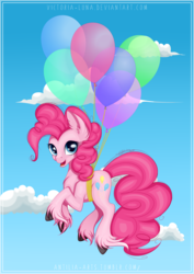 Size: 3507x4960 | Tagged: safe, artist:victoria-luna, pinkie pie, earth pony, pony, g4, balloon, female, floating, looking at you, mare, solo, then watch her balloons lift her up to the sky, unshorn fetlocks