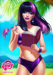 Size: 1024x1449 | Tagged: safe, artist:aleksviktoria, part of a set, twilight sparkle, human, g4, beach, bikini, book, breasts, clothes, female, humanized, nails, painted nails, part of a series, pen, solo, swimsuit