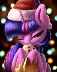 Size: 2300x2900 | Tagged: safe, artist:foughtdragon01, twilight sparkle, alicorn, pony, g4, bedroom eyes, chocolate, christmas, cup, cute, female, food, grin, hat, high res, holiday, hoof shoes, hot chocolate, leg fluff, lidded eyes, looking at you, mare, math, math joke, mug, one eye closed, pi, qt, santa hat, smiling, solo, twiabetes, twilight sparkle (alicorn)