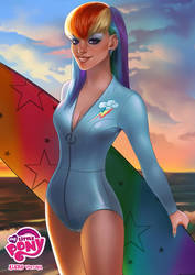 Size: 1024x1449 | Tagged: safe, artist:aleksviktoria, part of a set, rainbow dash, human, g4, clothes, ear piercing, earring, female, humanized, jewelry, makeup, ocean, part of a series, piercing, solo, sunset, surfboard, swimsuit