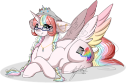 Size: 975x646 | Tagged: safe, artist:ohflaming-rainbow, oc, oc only, oc:rainbow doodledrop, alicorn, pony, colored wings, female, mare, multicolored wings, prone, simple background, solo, transparent background