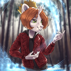 Size: 3000x3000 | Tagged: safe, artist:hollybright, oc, oc only, oc:etoz, unicorn, anthro, anthro oc, blurry background, clothes, crown, digital art, female, forest, green eyes, high res, jewelry, magic, mare, regalia, shirt, signature, smiling, snow, solo, tree, winter, ych result