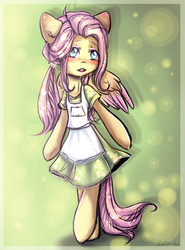 Size: 2000x2700 | Tagged: safe, artist:zefirka, fluttershy, semi-anthro, abstract background, alternate hairstyle, apron, clothes, cute, dress, female, high res, shyabetes, solo, wings