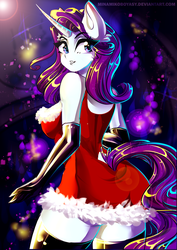 Size: 2893x4092 | Tagged: safe, artist:minamikoboyasy, rarity, anthro, g4, breasts, christmas, clothes, curved horn, evening gloves, female, gloves, holiday, horn, long gloves, looking back, socks, solo, thigh highs