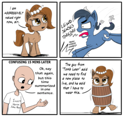 Size: 1280x1207 | Tagged: safe, artist:chopsticks, oc, oc:brownie bun, oc:richard, earth pony, human, pony, horse wife, aggressive nudity, bankruptcy barrel, barrel, bipedal, clothes, comic, cute, descriptive noise, dialogue, female, funny, horse noises, insanity, lewd, open mouth, ponified, simple background, text, tumblr 2018 nsfw purge, tumblr drama, we don't normally wear clothes, wobbling, yelling