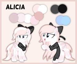 Size: 1654x1378 | Tagged: safe, artist:blackgcku, oc, oc only, oc:alicia, pegasus, pony, bow, clothes, female, hair bow, mare, reference sheet, scarf, solo