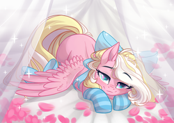 Size: 3465x2454 | Tagged: safe, alternate character, alternate version, artist:shore2020, artist:sparkling_light, oc, oc only, oc:bay breeze, pegasus, pony, g4, ass up, bed, bedroom eyes, blushing, bow, butt, clothes, cute, female, flower, hair bow, high res, looking at you, mare, petals, plot, socks, solo, spread wings, striped socks, tail bow, wings, ych result
