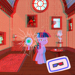 Size: 2305x2305 | Tagged: safe, artist:anontheanon, twilight sparkle, alicorn, pony, g4, 3d, :t, :|, anaglyph 3d, animated, bust, carpet, cup, drawer, eyestrain warning, female, fourth wall, gif, high res, interior, lamp, levitation, lidded eyes, looking at you, loop, magic, mare, paddleball, picture, portrait, sculpture, solo, table, teacup, telekinesis, twilight sparkle (alicorn)