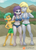 Size: 1085x1500 | Tagged: safe, artist:smudge proof, derpy hooves, maud pie, snails, equestria girls, equestria girls series, forgotten friendship, g4, arms, bare arms, barefoot, beach, belly button, bikini, breasts, busty derpy hooves, busty maud pie, cleavage, clothes, feet, legs, male, male feet, midriff, patreon, patreon logo, peace sign, scene interpretation, swimming trunks, swimsuit, topless