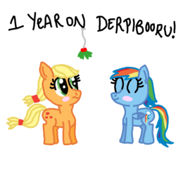 Size: 1600x1600 | Tagged: safe, artist:nightshadowmlp, applejack, rainbow dash, earth pony, pegasus, pony, g4, blushing, eyes closed, female, firealpaca, holly, holly mistaken for mistletoe, lesbian, one year anniversary, ship:appledash, shipping, simple background, smiling, text, transparent background