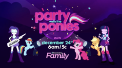 Size: 1334x750 | Tagged: safe, screencap, applejack, pinkie pie, rainbow dash, rarity, twilight sparkle, pony, equestria girls, g4, applejack's hat, cowboy hat, discovery family logo, female, hat, keytar, microphone, musical instrument, party with the ponies, promo, spotlight, stetson