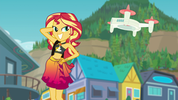 Size: 1920x1080 | Tagged: safe, screencap, sunset shimmer, equestria girls, equestria girls specials, g4, my little pony equestria girls: better together, my little pony equestria girls: forgotten friendship, belly button, clothes, female, geode of empathy, lidded eyes, magical geodes, selfie drone, sexy, sleeveless, solo, sunset selfie, swimsuit
