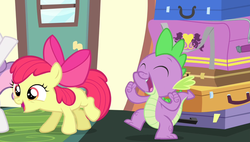 Size: 1266x720 | Tagged: safe, screencap, apple bloom, spike, sweetie belle, equestria games (episode), g4, apple bloom's bow, bow, door, equestria games, friendship express, hair bow, suitcase, train