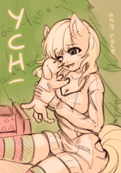 Size: 2897x4148 | Tagged: safe, artist:kindpineapple, dog, anthro, advertisement, breasts, christmas, christmas tree, clothes, commission, female, happy, holiday, mare, present, puppy, socks, sweater, thigh highs, tree, ych example, your character here