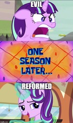 Size: 500x843 | Tagged: safe, edit, edited screencap, screencap, starlight glimmer, pony, unicorn, equestria girls, equestria girls specials, g4, season 5, season 6, the crystalling, the cutie map, angry, caption, evil, image macro, impact font, lidded eyes, meme, quiet, ragelight glimmer, reformed, relaxed, s5 starlight, spongebob squarepants, spongebob time card, text, the clam whisperer