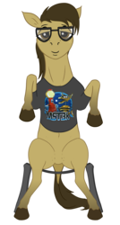 Size: 3217x6000 | Tagged: safe, artist:stoopedhooy, oc, oc only, oc:bay mac, earth pony, pony, 2019 community collab, derpibooru community collaboration, absurd resolution, belly button, chair, clothes, crow t robot, dun, freckles, glasses, male, mystery science theater 3000, shirt, simple background, sitting, solo, stallion, t-shirt, tom servo, transparent background