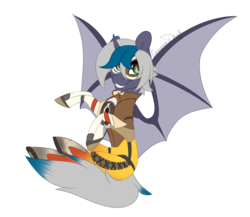 Size: 1024x890 | Tagged: safe, artist:jacobdawz, oc, oc only, oc:elizabat stormfeather, alicorn, bat pony, bat pony alicorn, pony, alicorn oc, bat pony oc, clothes, commission, cosplay, costume, crossover, female, flying, goggles, mare, overwatch, raised hoof, signature, simple background, solo, tracer, transparent background, ych result