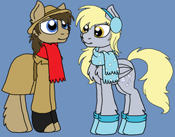 Size: 1176x924 | Tagged: safe, artist:rosefang16, derpy hooves, doctor whooves, time turner, earth pony, pegasus, pony, g4, blue background, boots, chest fluff, clothes, coat, commission, earmuffs, female, gloves, hat, jacket, male, mare, ship:doctorderpy, shipping, shoes, simple background, stallion, straight, winter, winter outfit