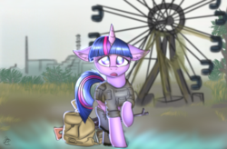 Size: 3500x2300 | Tagged: safe, artist:lakunae, twilight sparkle, pony, unicorn, g4, armor, chernobyl, ear fluff, female, ferris wheel, floppy ears, gun, high res, hooves, horn, looking at you, machine gun, mare, open mouth, pkm, pripyat, raised hoof, s.t.a.l.k.e.r., solo, unicorn twilight, weapon