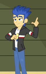 Size: 409x660 | Tagged: safe, screencap, flash sentry, human, a banner day, equestria girls, g4, my little pony equestria girls: friendship games, clothes, cropped, idea, jacket, male, pants, short, smiling, solo