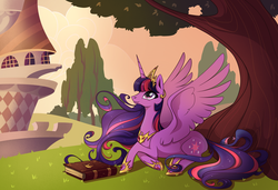 Size: 2000x1370 | Tagged: safe, artist:28gooddays, twilight sparkle, alicorn, pony, g4, book, bookends, canterlot, ethereal mane, female, hilarious in hindsight, jewelry, looking up, mare, possible spoilers, prone, regalia, series finale, smiling, solo, spread wings, tree, twilight sparkle (alicorn), ultimate twilight, wings