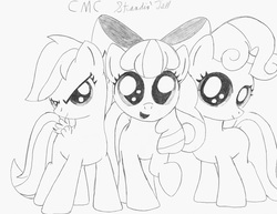 Size: 2200x1700 | Tagged: safe, artist:tenebrousmelancholy, apple bloom, scootaloo, sweetie belle, earth pony, pegasus, pony, unicorn, g4, cutie mark crusaders, female, filly, group, traditional art, trio
