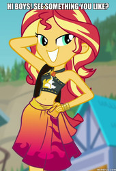 Size: 600x883 | Tagged: safe, edit, edited screencap, screencap, sunset shimmer, equestria girls, equestria girls specials, g4, my little pony equestria girls: better together, my little pony equestria girls: forgotten friendship, belly button, caption, clothes, flirting, geode of empathy, image macro, looking at you, magical geodes, memeful.com, midriff, sarong, sunset selfie, swimsuit, text