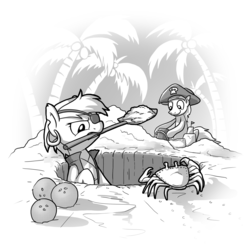 Size: 4000x4000 | Tagged: safe, artist:fimflamfilosophy, oc, oc only, crab, pony, buck legacy, black and white, bucket, card art, clothes, coconut, digging, ear piercing, eyepatch, food, grayscale, hat, male, monochrome, palm tree, piercing, pirate, sand, sandcastle, shovel, simple background, tree