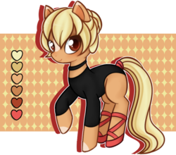 Size: 806x710 | Tagged: safe, artist:syt-adopts, oc, oc only, oc:graceful aplomb, earth pony, pony, ballerina, ballet slippers, blaze (coat marking), blushing, choker, clothes, coat markings, cute, facial markings, female, leotard, mare, raised hoof, reference sheet, shoes, simple background, solo, tail wrap, transparent background