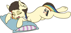 Size: 1743x816 | Tagged: safe, artist:blues4th, oc, oc only, oc:polie lightmixer, earth pony, pony, camera, cute, explicit source, eyeshadow, female, makeup, mare, multicolored hair, piercing, pillow, rainbow hair, rainbow tail, simple background, sleeping, transparent background
