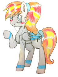 Size: 1575x2100 | Tagged: artist needed, safe, edit, oc, oc only, pegasus, pony, 2019 community collab, derpibooru community collaboration, blushing, female, headphones, mare, ponytail, simple background, solo, traditional art, transparent background, waving
