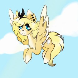 Size: 720x720 | Tagged: source needed, safe, artist:okity, oc, oc only, pegasus, pony, female, flying, looking at you, mare, sky, solo