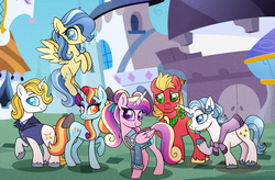 Size: 2740x1800 | Tagged: safe, artist:carouselunique, big macintosh, fancypants, prince blueblood, princess cadance, sassy saddles, sunshower, earth pony, pegasus, pony, unicorn, g4, canterlot, clothes, looking at you, scarf