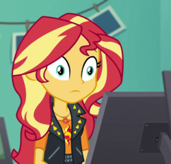 Size: 960x920 | Tagged: safe, edit, edited screencap, screencap, sunset shimmer, equestria girls, equestria girls series, forgotten friendship, g4, derp, description is relevant, faic, monitor, op has tried and failed, thousand yard stare