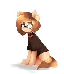 Size: 950x1100 | Tagged: source needed, safe, artist:okity, oc, oc only, earth pony, pony, clothes, collar, female, glasses, mare, shirt, simple background, sitting, solo, t-shirt, white background