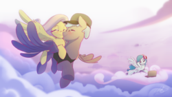 Size: 2666x1500 | Tagged: safe, artist:light262, fluttershy, oc, oc only, oc:realfeeler, pegasus, pony, g4, blushing, canon x oc, clothes, cloud, commission, computer, eyes closed, female, hat, headphones, laptop computer, male, mare, realshy, shirt, signature, sky, smiling, stallion, wings