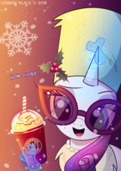 Size: 1000x1415 | Tagged: safe, artist:lennonblack, rarity, pony, unicorn, g4, clothes, coffee, drink, female, food, glasses, glowing horn, hat, holly, horn, magic, mare, russian hat, solo, starbucks, telekinesis, ushanka