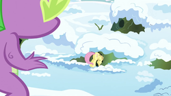 Size: 1280x720 | Tagged: safe, screencap, fluttershy, spike, dragon, pony, g4, season 1, winter wrap up, butt, eyes on the prize, female, flutterbutt, looking at butt, male, plot, snow