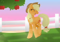 Size: 1280x906 | Tagged: safe, artist:lavenderrain24, applejack, earth pony, pony, g4, cowboy hat, eyes closed, female, hat, mare, solo, stetson, tree