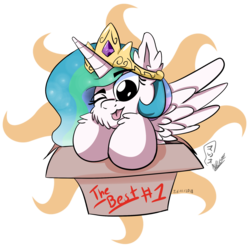 Size: 2000x2000 | Tagged: safe, artist:viejillox64art, princess celestia, alicorn, pony, g4, box, cheek fluff, female, high res, mare, pony in a box, simple background, solo, sticker, tongue out, transparent background