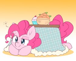 Size: 2048x1663 | Tagged: safe, artist:akainu_pony, pinkie pie, earth pony, pony, g4, cozy, cupcake, female, food, gradient background, kotatsu, mare, solo