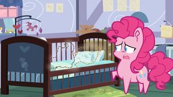 Size: 1200x675 | Tagged: safe, artist:magpie-pony, pinkie pie, earth pony, pony, g4, crib, crib mobile, female, open mouth, solo, worried