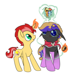 Size: 2000x2000 | Tagged: safe, artist:ezupack, applejack, rainbow dash, oc, oc only, oc:ember flare, oc:tozuma, changeling, pony, unicorn, 2019 community collab, derpibooru community collaboration, g4, blue changeling, changeling oc, fangs, female, high res, lesbian, looking up, ship:appledash, shipper on deck, shipping, simple background, transparent background, voodoo doll