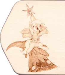 Size: 1388x1595 | Tagged: safe, artist:malte279, derpy hooves, pony, g4, christmas, christmas tree, craft, hearth's warming eve, holiday, pyrography, traditional art, tree